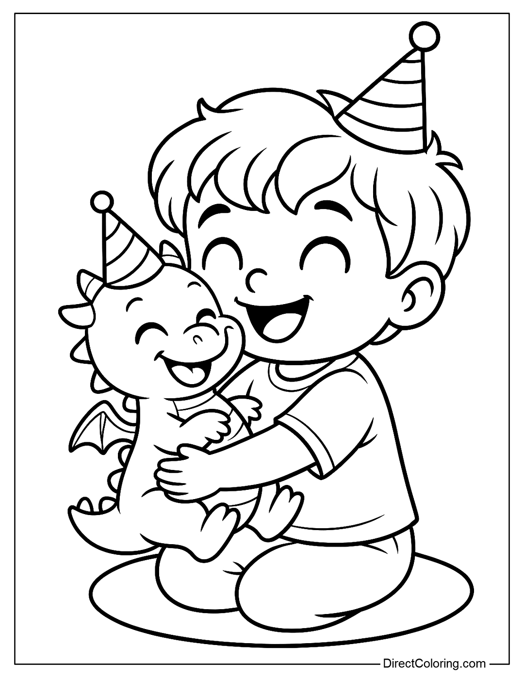 a coloring page of a boy holding a giggling baby dragon, both wearing funny birthday hats